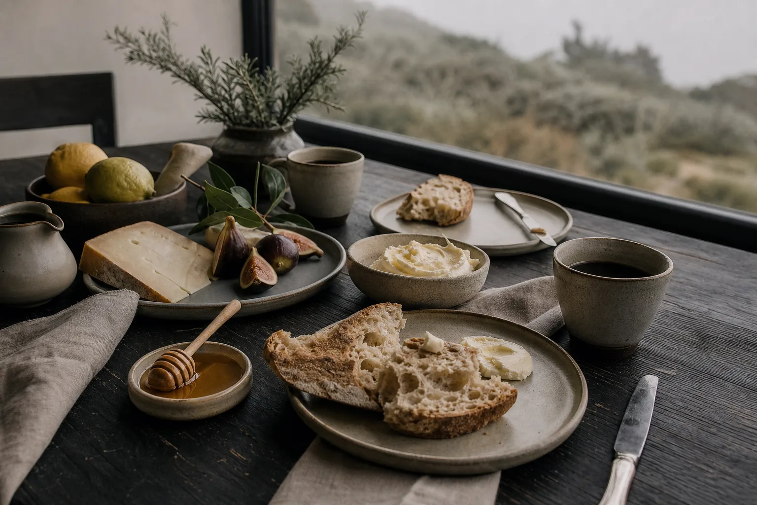Mesa de pequeno-almoço em madeira escura, com pão, queijo, figos, mel e café, junto a uma janela com vegetação enevoada.
