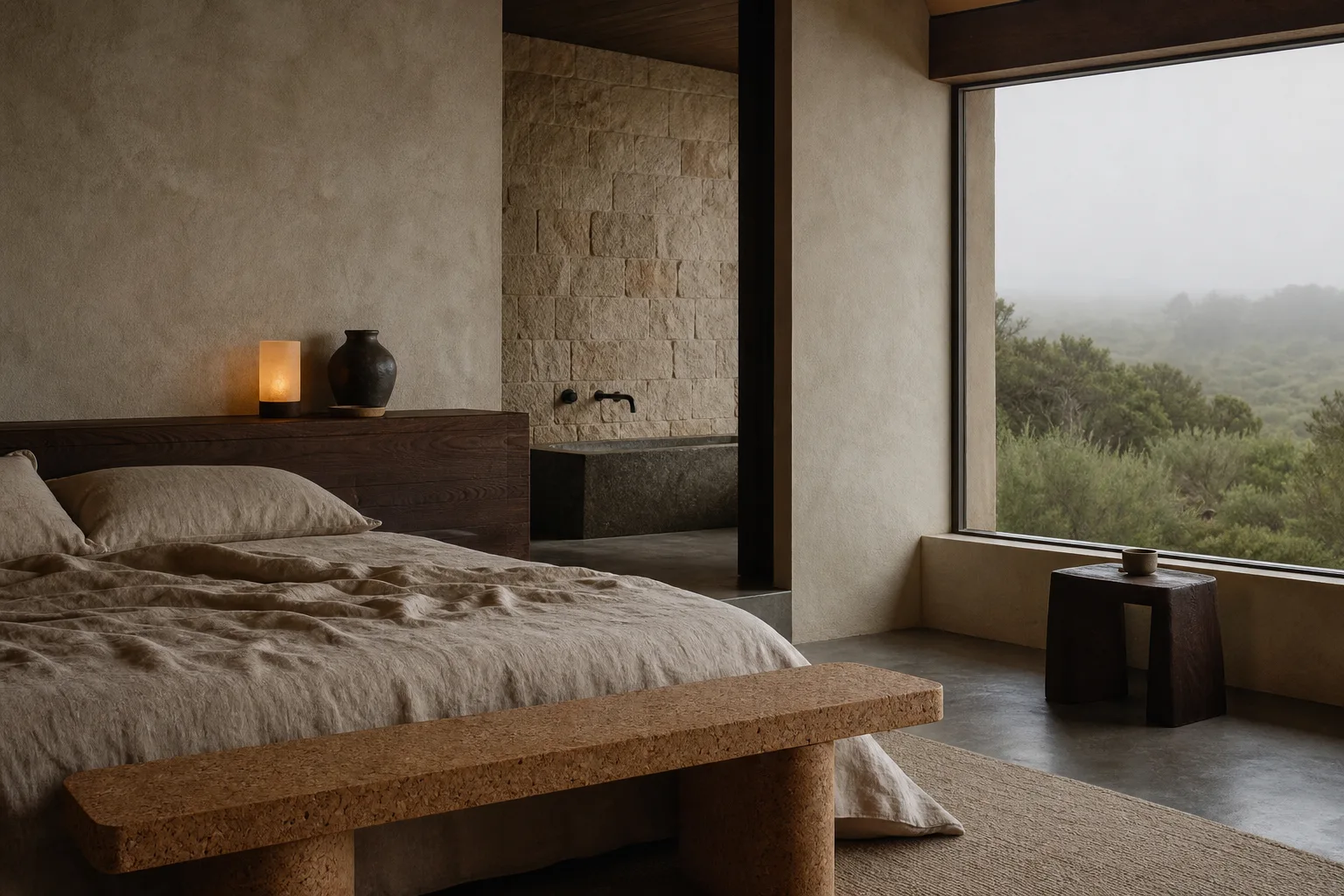 Interior de uma suíte: cama em linho, parede de reboco cru, banheira de pedra ao fundo e uma janela larga sobre a vegetação enevoada.